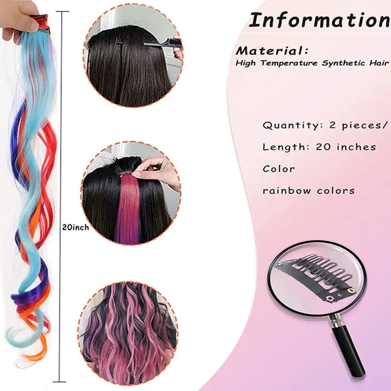 2PCS Rainbow Mixed Color Clip In Hair Extensions 20 Inch Curly Synthetic Hair for Girls Women Halloween Cosplay Party