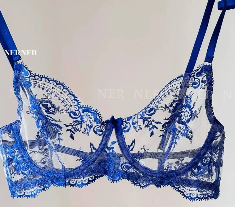 Sexy Transparent Lace Bra French Embroidery Thin Push‑Up Gather Bra For Men Crossdresser Sheer Lingerie Underwear