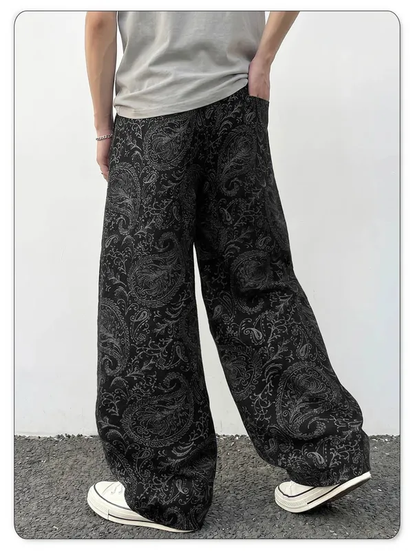 Men's American Trendy Brand Dark Cashew Flower Full Print Jeans Loose Oversize High Street Loose Straight Tube Casual