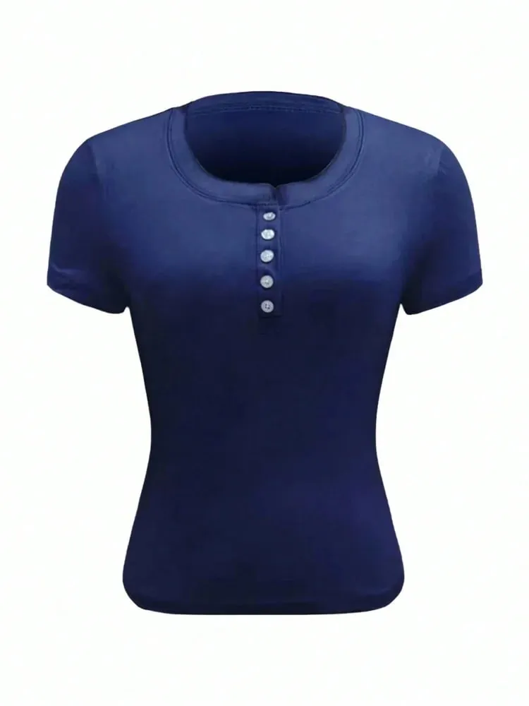 Woman Solid Crop Top Short Sleeve Summer Sexy Elegance Leisure Henley Collar Semi Slim Button Navy Blue T-shirt Top