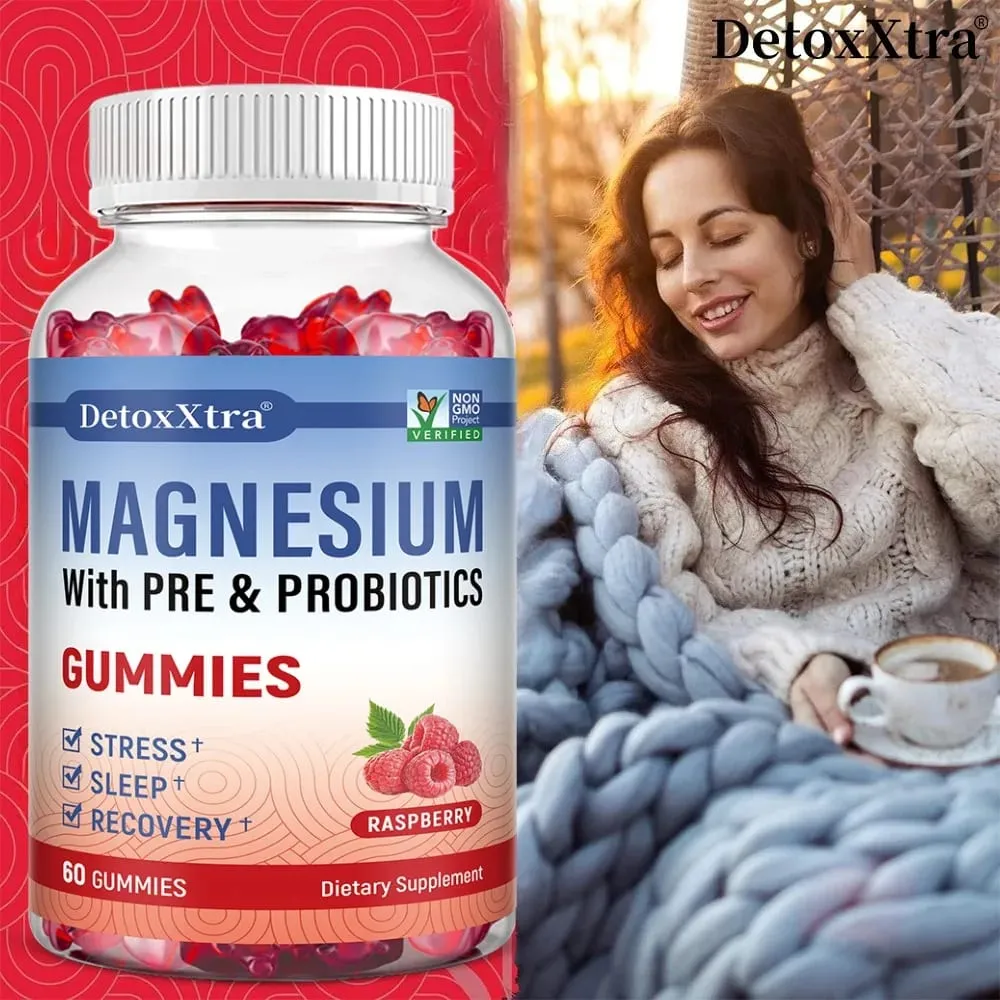 Magnesium Citrate Supplement Gummies with Prebiotics & Probiotics for Stress Sleep & Recovery - Vegan Gluten Free Non-GMO
