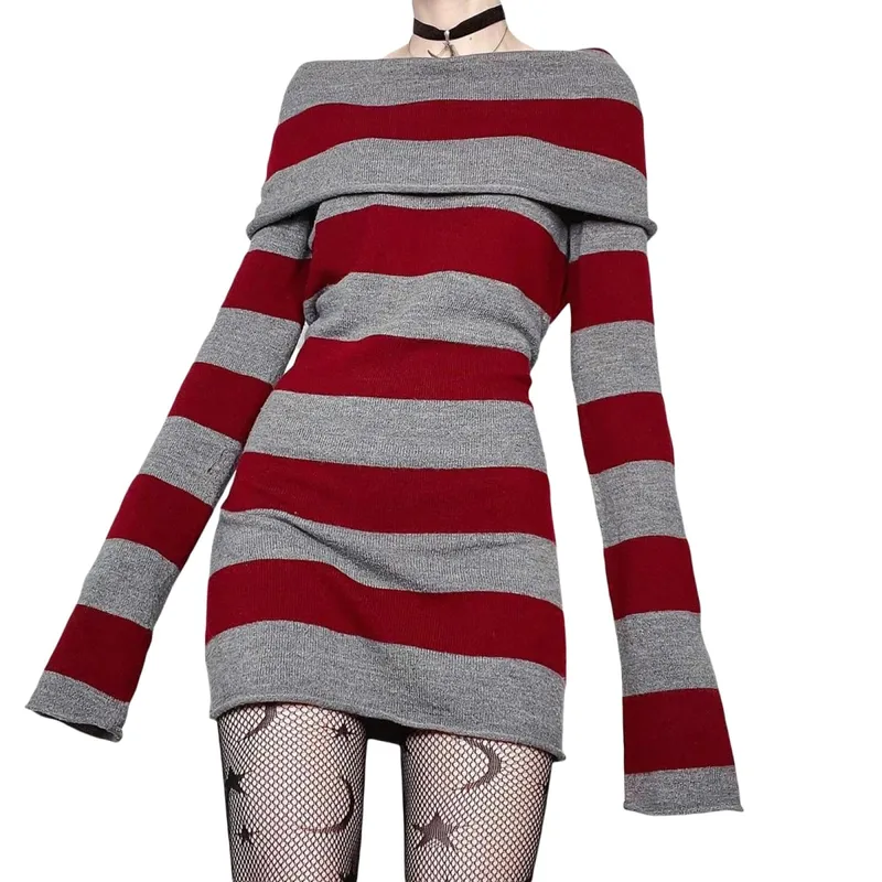 Women Mini Bodycon Dress Stripe Boat-Neck Long Sleeve Short Dress Spring Autumn Wrapped Hip Party Dress