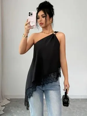 Women's Casual Single-Shoulder Camisole Solid Color Camisole with Lace Splicing and Versatile Style Suitable for Shopping Bea