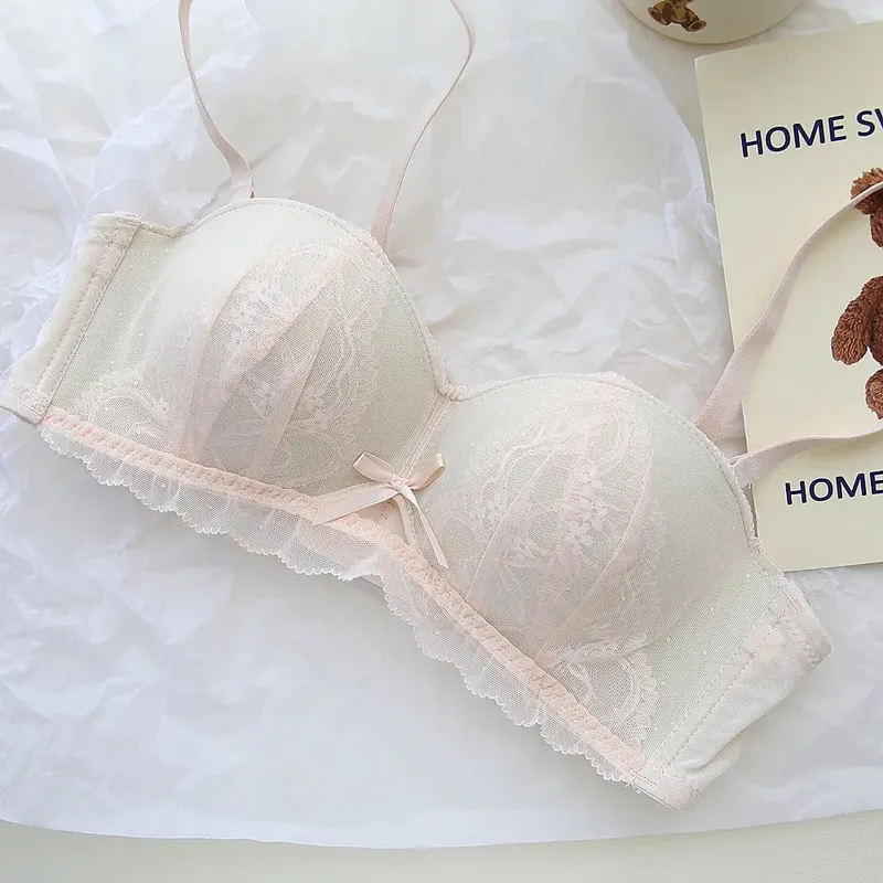Sexy French Demi Cup Lace Bralette Set Wireless Push Up Bra for Women No Underwire Comfortable Non Padded Sexy Sweet Teen Bra AB