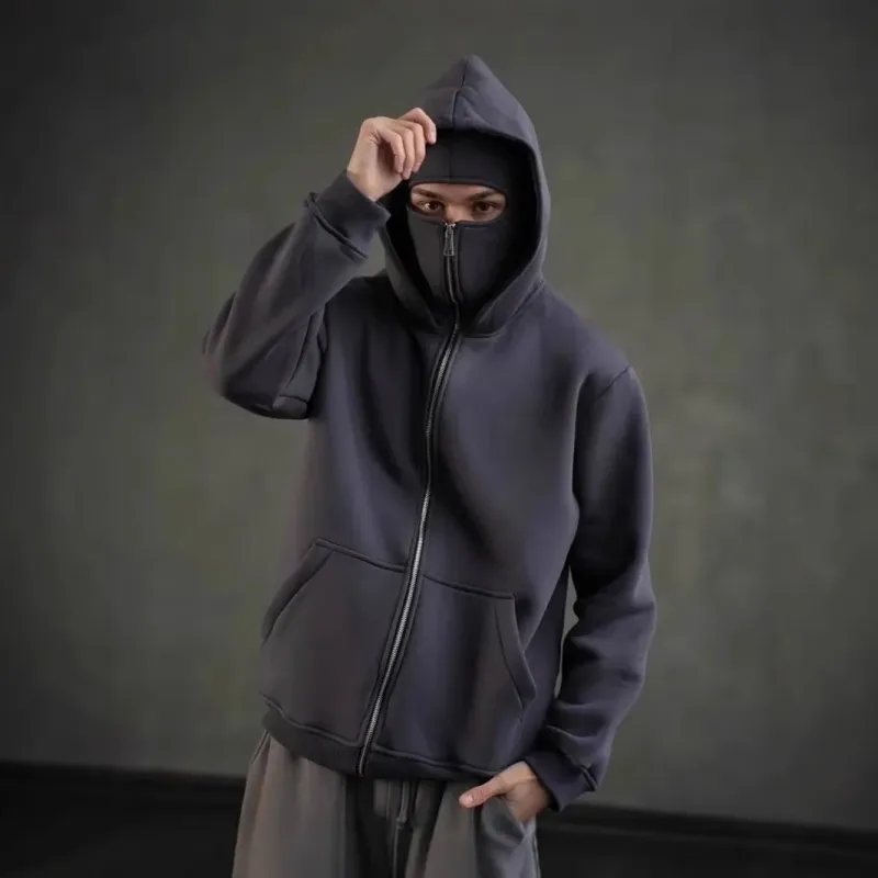 Men's Double-Capped Hooded Jacket For Car And Motorcycle Riding, Warm And Plush, Fashionable And Loose, With Zipper Hood