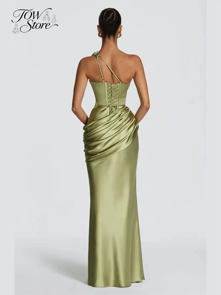 Elegant Solid Ruched Satin Maxi Dress Women One-shoulder Sleeveless Slim Fit Flowy Dresses 2026 Lady Summer Evening Vestidos