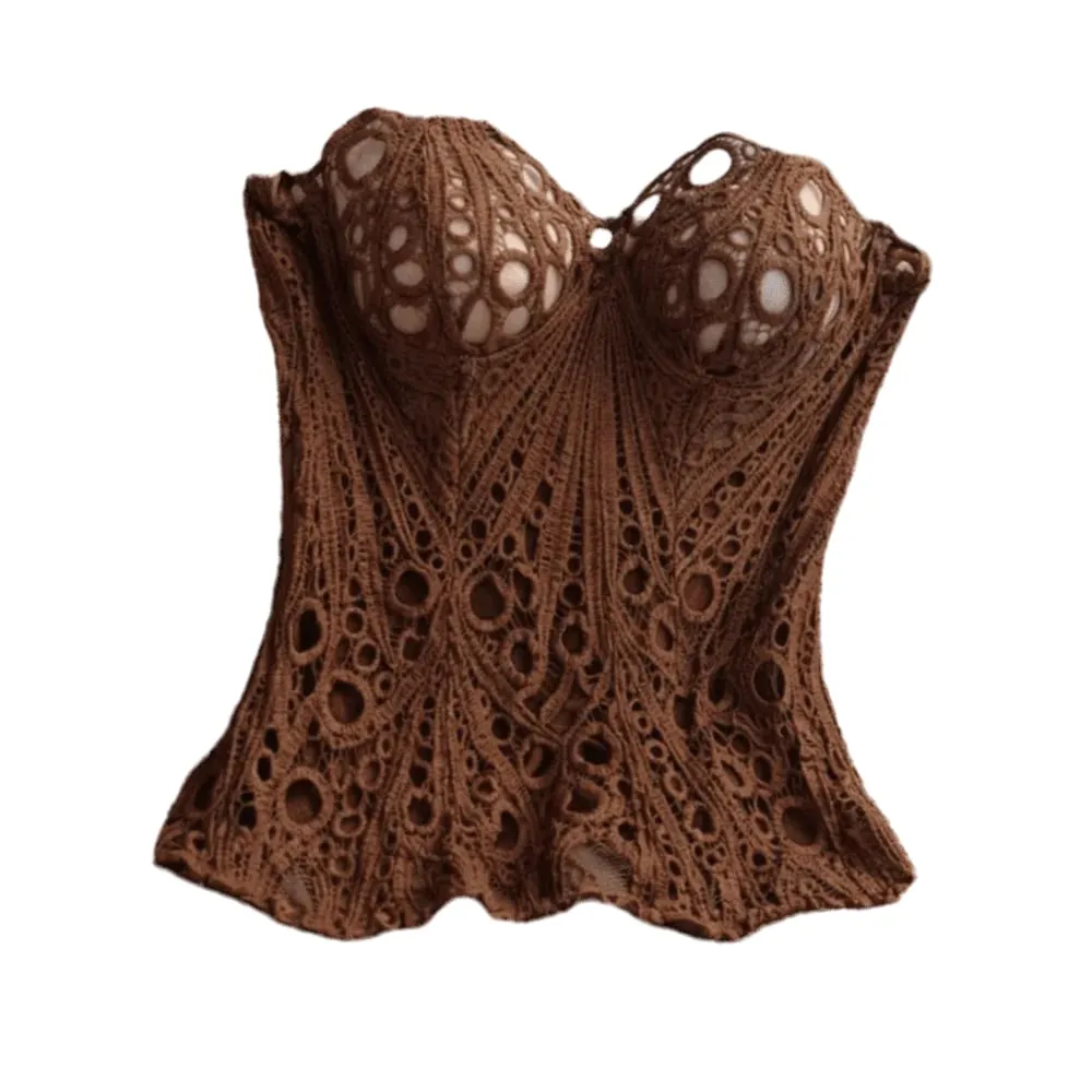 Bustier Back Tie Hollow Out Corset Top Irregular Hem Fishbone Lace Corset Mesh Splicing Women Underwear Clubwear