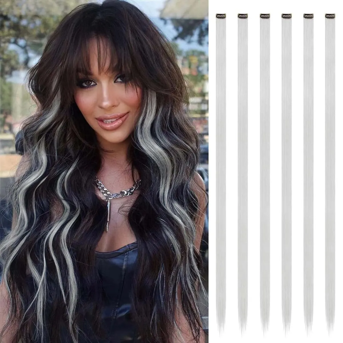 6 Pcs Clip Extensions Synthetic 24 Inch Colored Hair Extensions Party Highlights Long Straight Hairpieces for Women Kids Girl