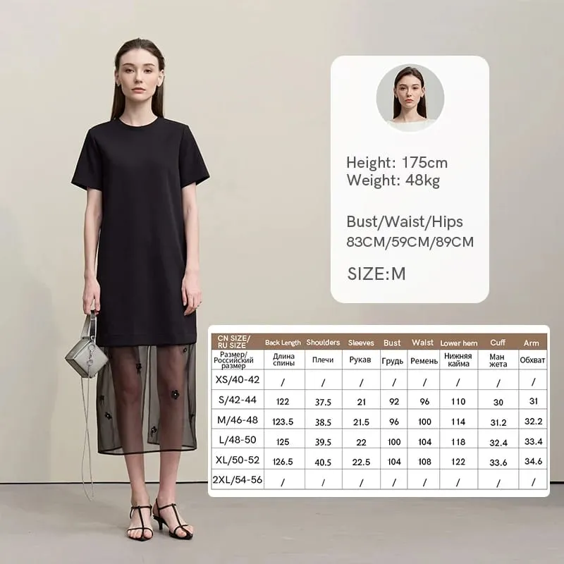 Amii Long Dresses 2026 Autumn New Round Neck Short Sleeve Patchwork Women's Dress Removable Organza Elegant Dress Women 12651024