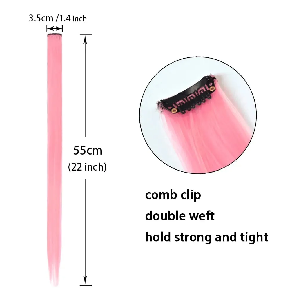 6 Pcs 22 Inch Highlight Wig Colored Clip in Hair Extensions Straight Synthetic Hairpieces Glueless Wig with Clip for Woman