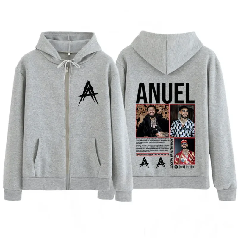Rapper Anuel AA Album Tour 2025 Vintage Graphic Zipper Hoodie Men Women Fashion Long-sleeved Casual Hip-hop Zip Up Sweatshirts