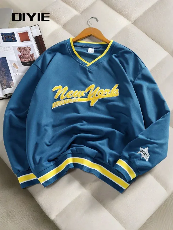 Men's Fashion Sweatshirt, V-Neck Embroidered Sweatshirt, Y2K Style Sweatshirt, Preppy Style Sports Sweatshirt, Comfortable