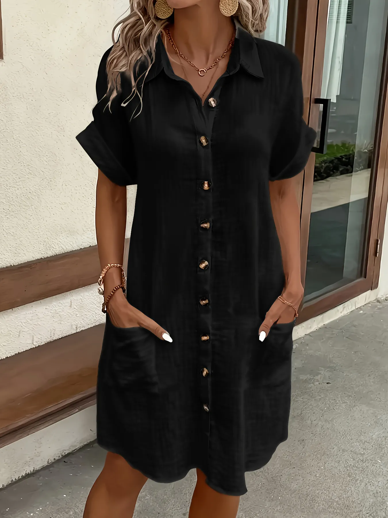 2026 European and American Cross Border Leisure Solid Color Cotton Hemp Buckle Long Short Sleeve Loose Shirt Dress Women's Wear — image 2