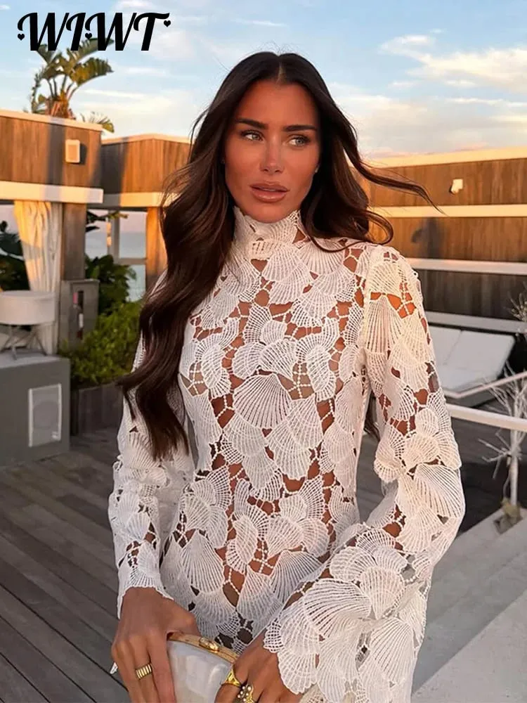 White Crochet Hollow-out Mini Dresses Women's Sexy Irregular Hem Stand Collar Full Sleeve Dress 2026 Summer New Lady Party Gowns