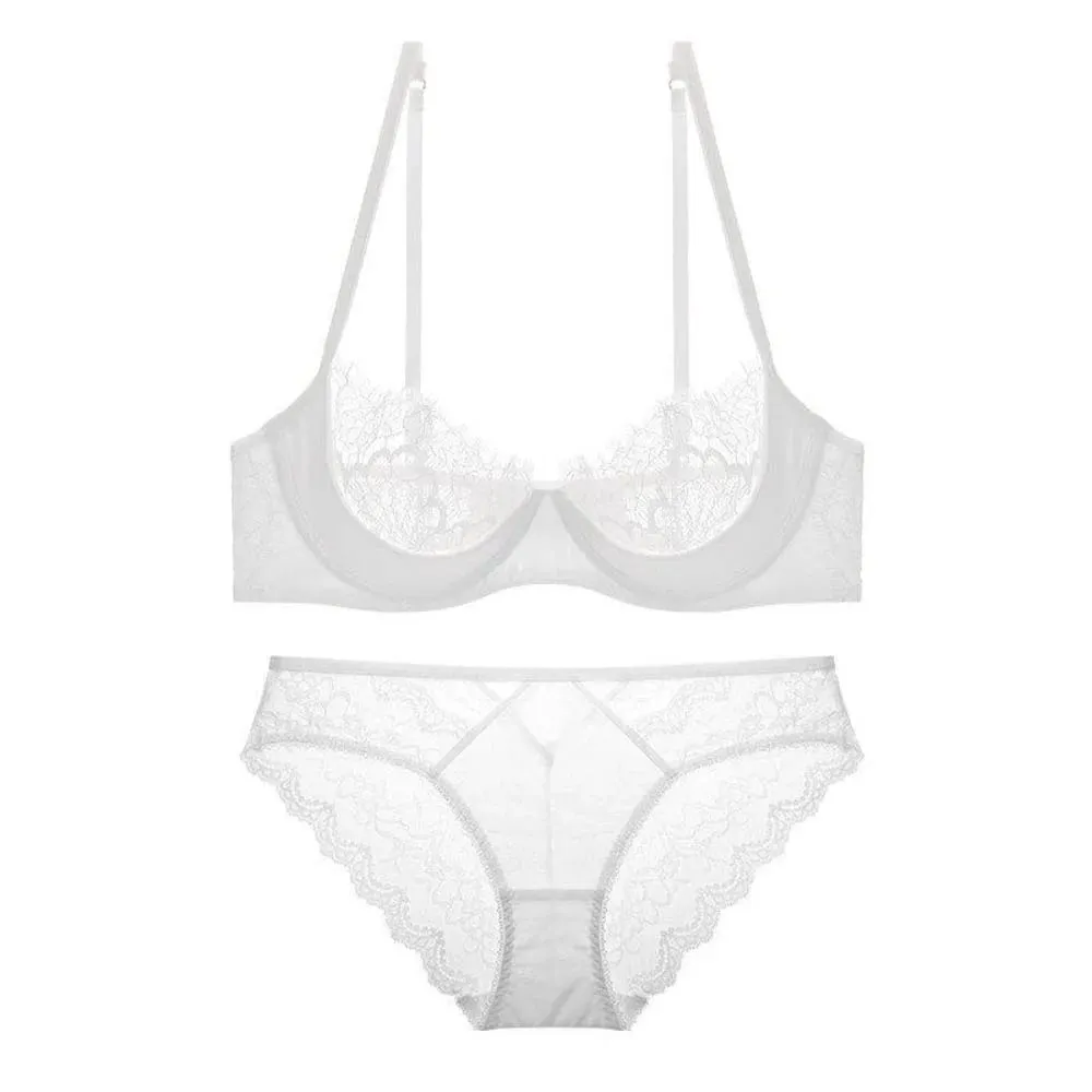 French Sheer Lace Lingerie Set Half Cup Thin Unlined Minimizer Bra Underwire Lift Support Large Bust Ladies Matching Briefs S-XL