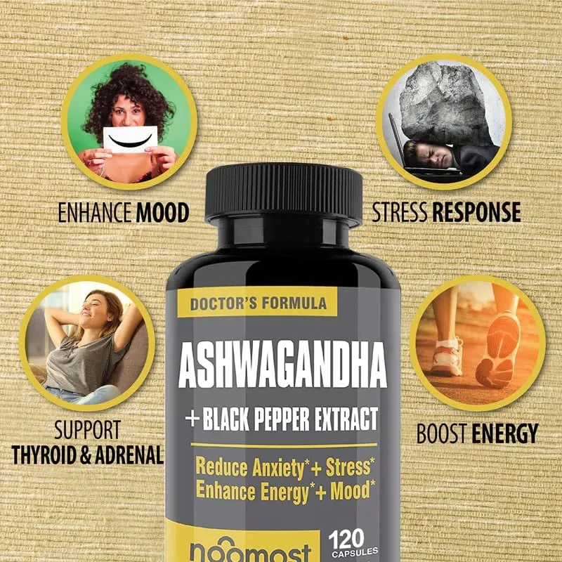 Cápsulas orgânicas de Ashwagandha promovem alívio antiestresse, suporte de humor natural e suporte de foco, suplemento de energia natural unissex