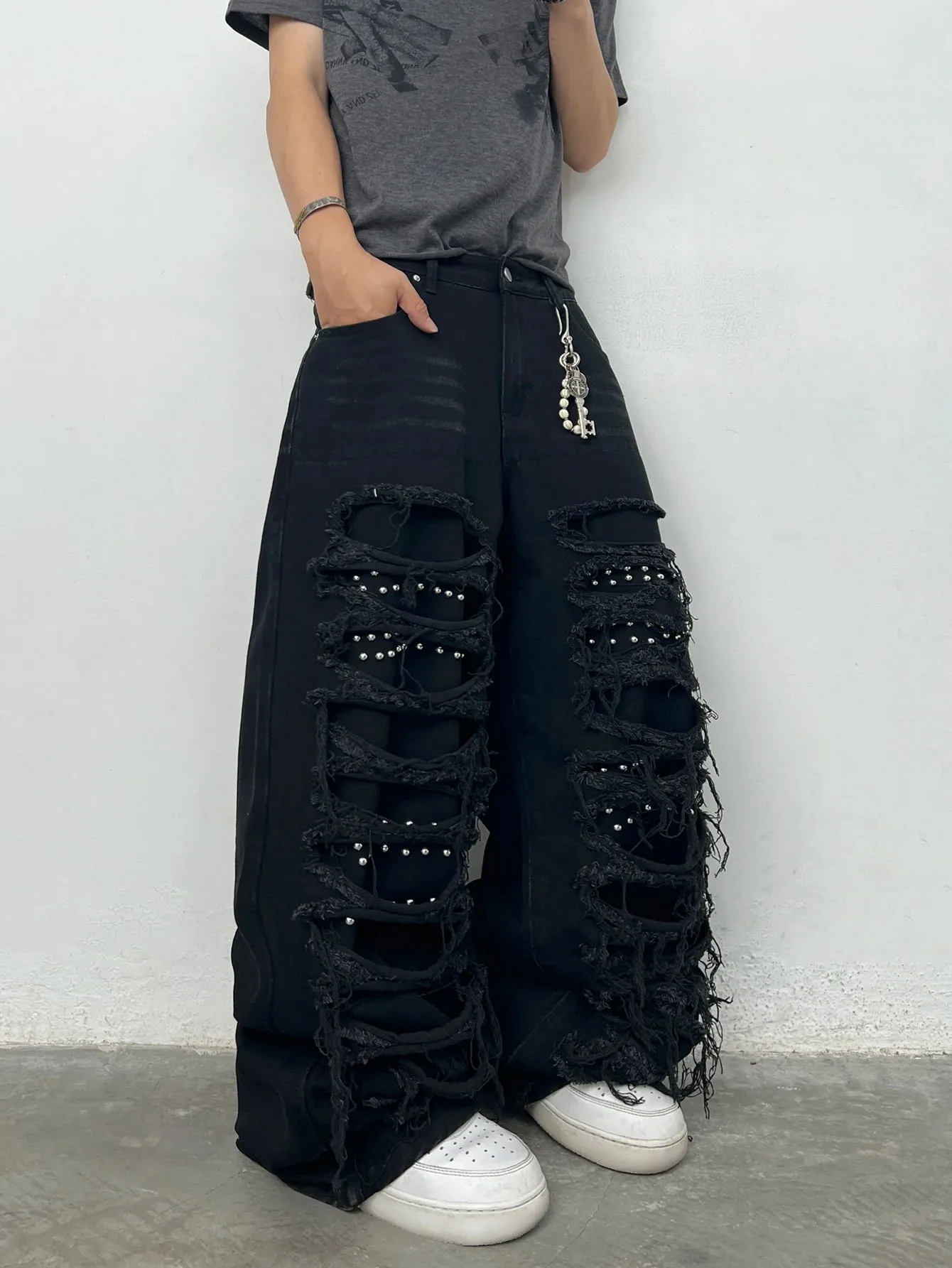 American High Street Double-Layer Patch Ripped Studded Design Black Men's Loose Jeans Y2K Street Hip-Hop Fashion Wide-Leg Pants