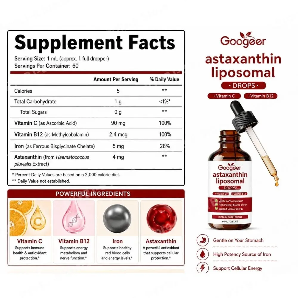 Googeer Liposomal Astaxanthin Drops with Vitamin C To Support Iron Absorption Vitamin B12 for Blood and Nerve Health 60 ML