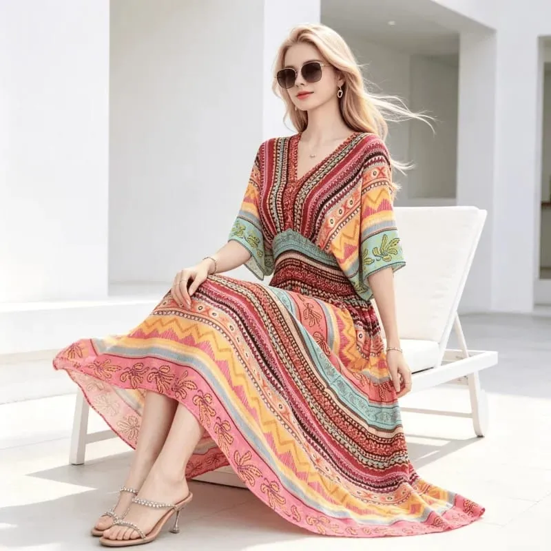 Boho Holiday Women V-Neck Batswing Short Sleeve A-Line Midi Dresses Slim Elastic Waist Casual Vintage Office Lady Elegance Dress