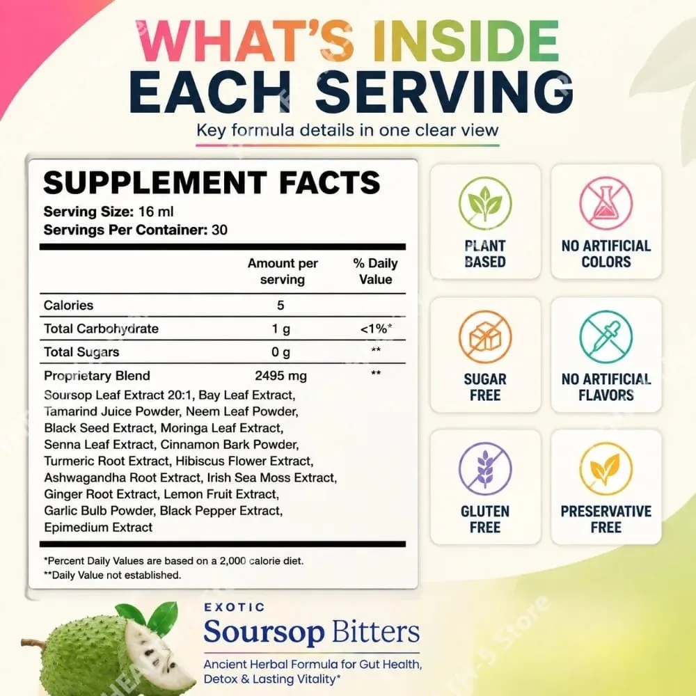 Herbal Soursop Bitters Liquid Supplement Black Seed Moringa Irish Moss Drops for Gut Digestive Wellness Immune 16 Fl Oz(473ml)