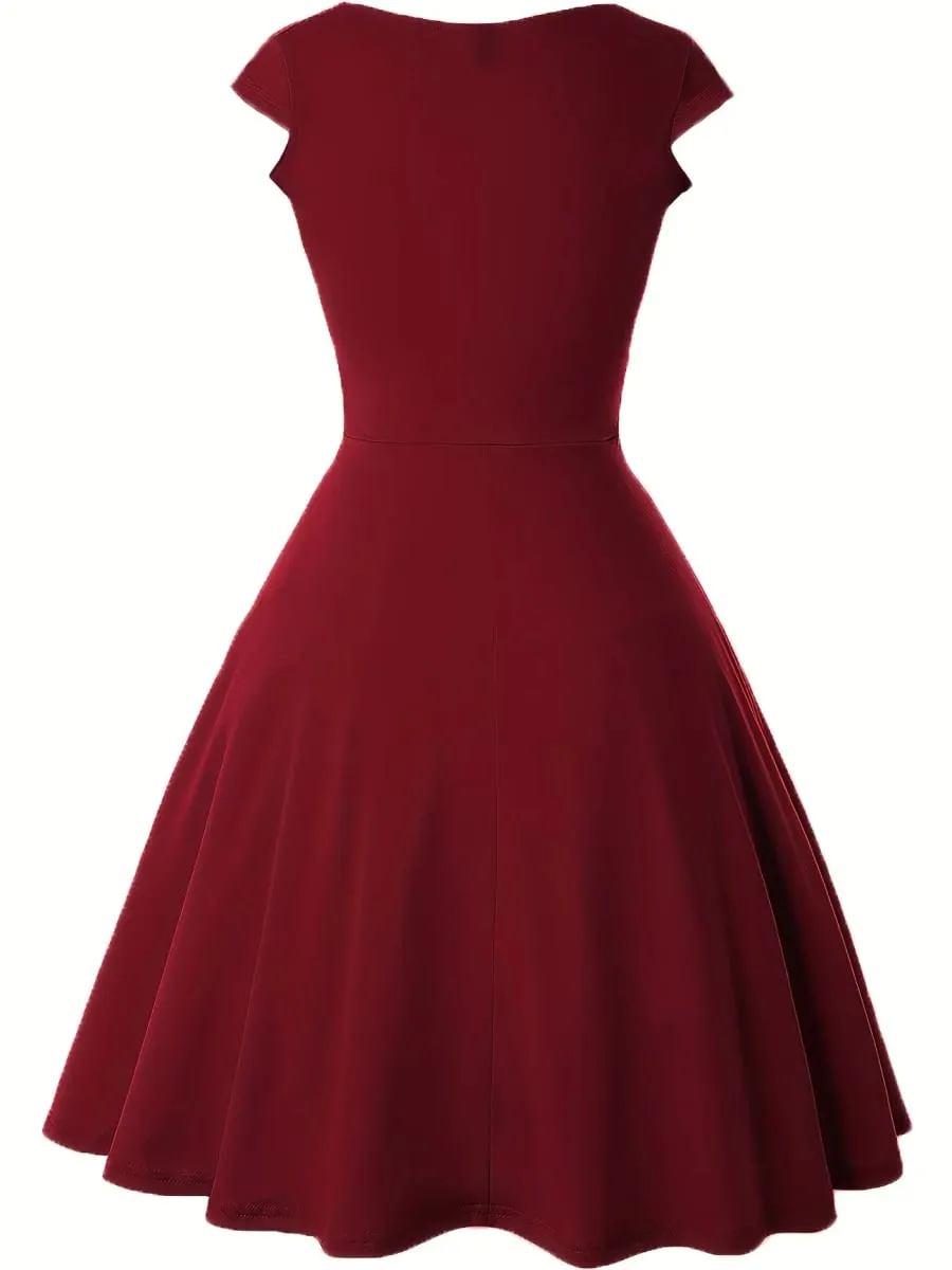 Women's Elegant Round Neck Summer Short Sleeve Solid A-Line Knee-length Dress High Waist Swagger Party Wedding Casual Departure