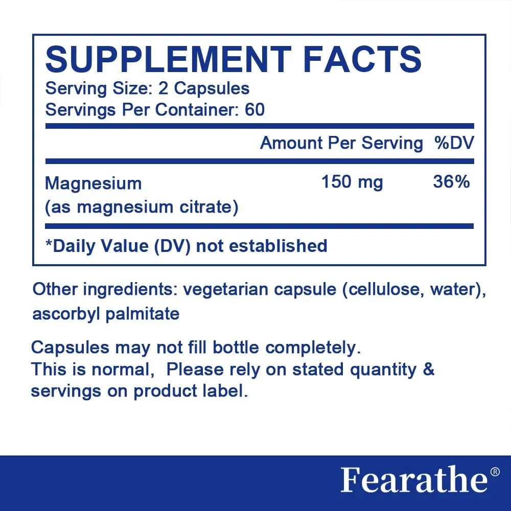Magnesium Citrate Capsules Support Daily Muscle Nerve Bone Heart Sleep & Metabolic Wellness Assist Body Relaxation