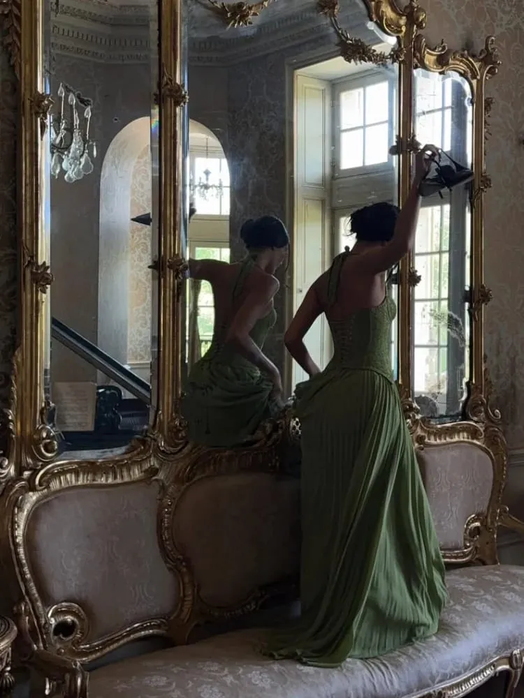 Chic Green Fishbone Halter Long Dress Lady Sexy Solid Backless Pleated Off-Shoulder A-Line Dresses 2026 New Christmas Party Gown