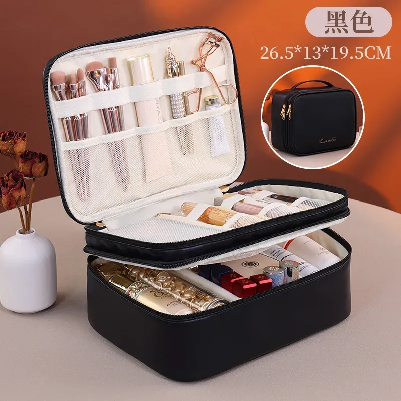 Multiple Compartments Large Capacity Cosmetic Organizer Case Portable Travel Toiletry Bag Double Layer Detachable Makeup Bag — image 10
