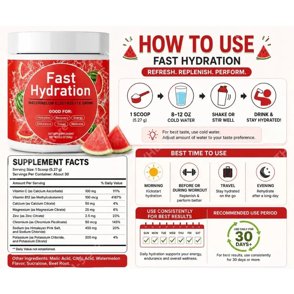 Watermelon Electrolyte Drink Powder with Sodium Potassium Magnesium Calcium Vitamin C B12 30 Servings Daily Hydration Support