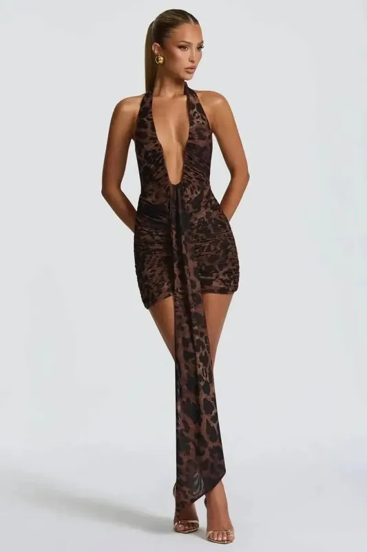 Giyu Sexy Evening Club Party Dresses Women 2025 Summer Ruched Bodycon Dress Deep V Neck Halter Draped Backless Elegant Robe — image 14