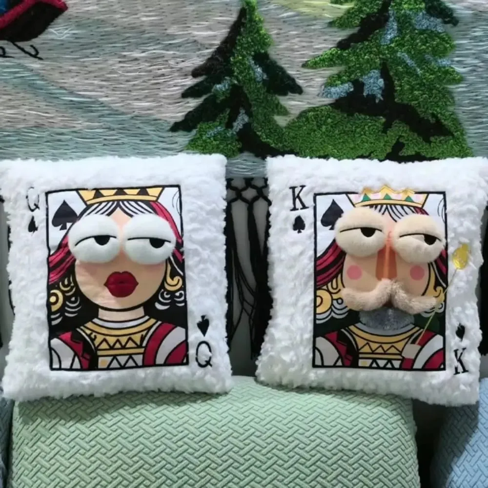 Patchwork Style Poker Card Cushion High-Value Design Card Game Theme Embroidered Pillow 3D Big Eyes Plush Cushion Gift Giving