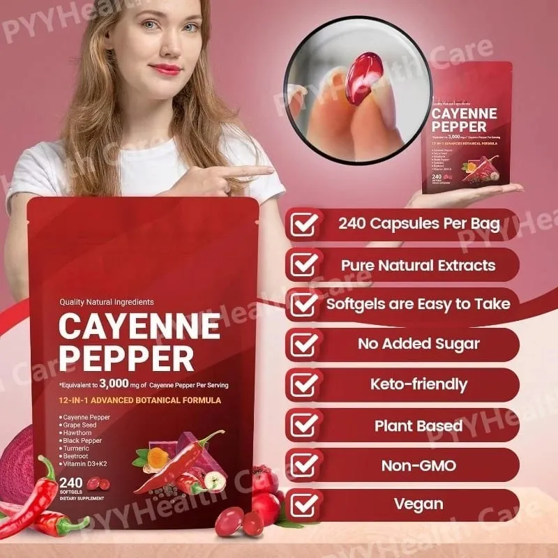 Gélules de poivre de Cayenne avec pépins de raisin, betterave, curcuma, vitamines D3 K2 E, supplément à base de plantes