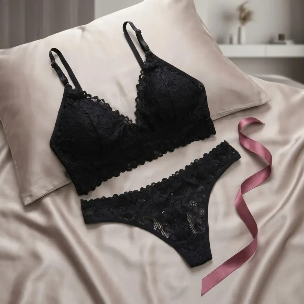 Sweet V Neck Lace Flower Bra Set Thong Solid Color Floral Panties Bra Kit Low Waist Lingerie Lace Underwear Women