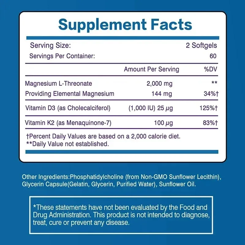 Liposomal Magnesium L-Threonate - Containing Vitamin D3 and K2 Supports Brain Bone Heart Muscle and Promotes Sleep