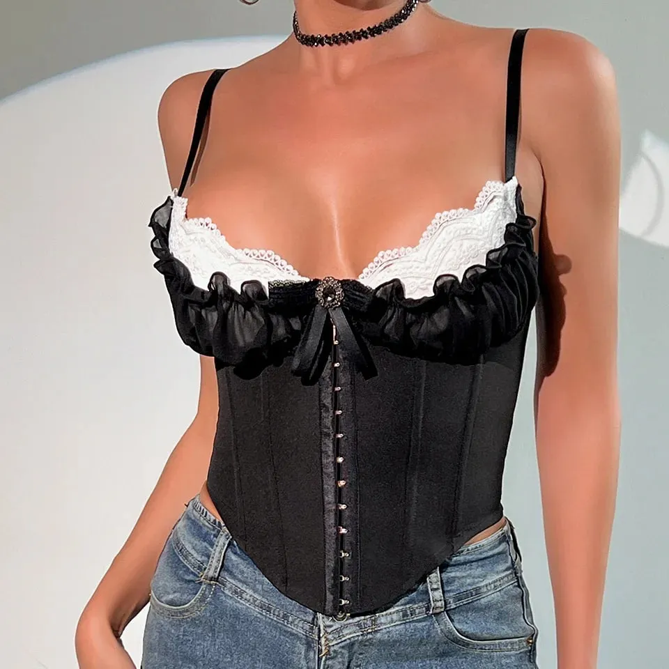 Haut court Sexy en dentelle, col en V, Y2K, Patchwork plissé, nœud papillon, Top Corset, dos nu, Slim, Camisole, Bustier en forme d'arête de poisson