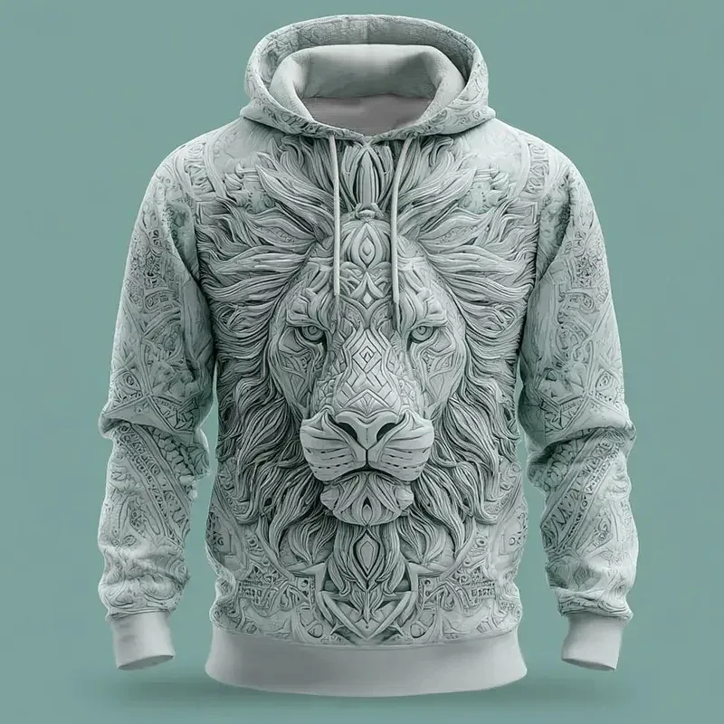 2026 Fall Winter Men's Vintage Animal Lion 3D Prints Hooded Hoodies Sweatshirt Long Sleeve Crew Neck Streetwear Drawstring Tops