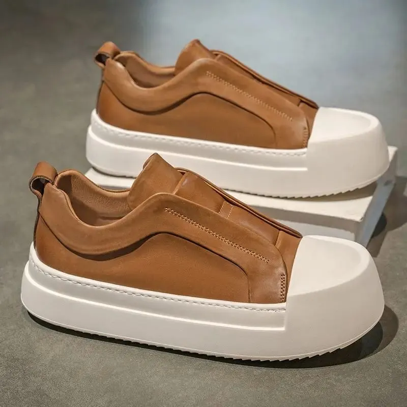 Retro Brown PU Leather Men's Shoes Lightweight Platform Elastic Band Casual Sneakers Fashion Street Walking Shoes High Quality