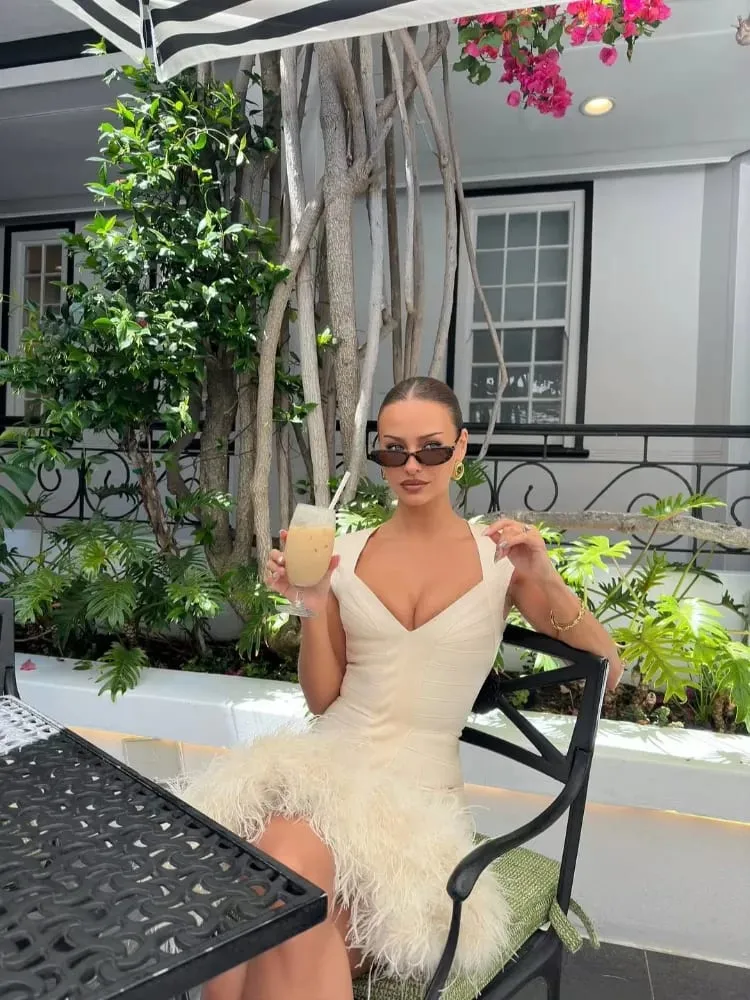 Women Sexy Solid Color Deep V-neck Hip Hugging Dress Summer Sleeveless Waist Cinched Mini Dresses Lady Daily Party Short Gowns