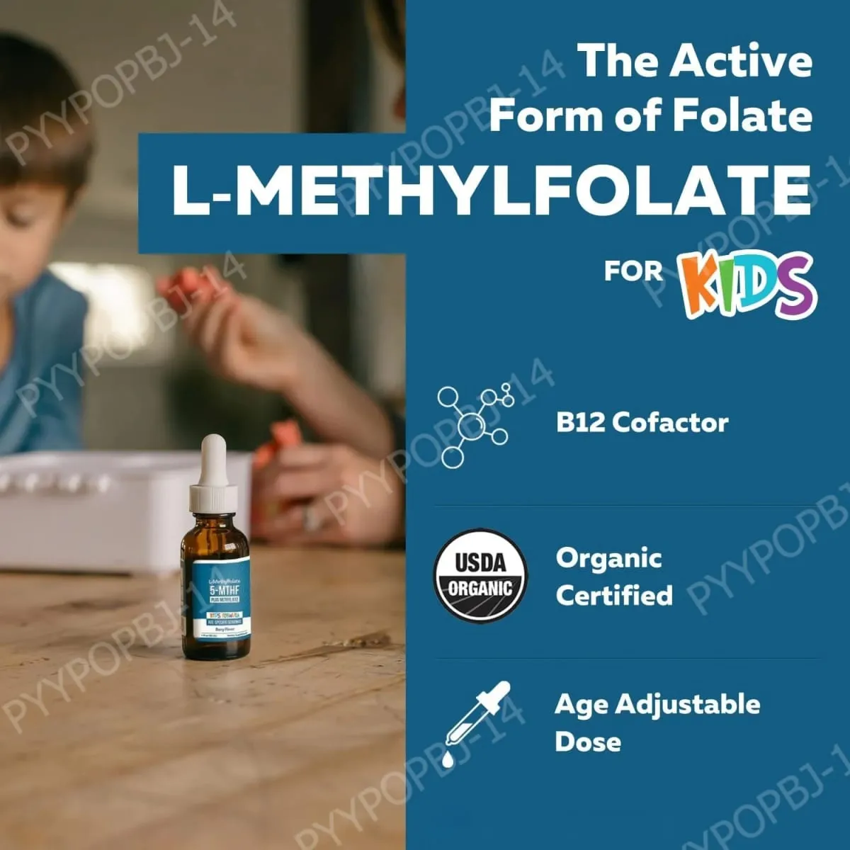 Kids L-Methylfolate 5-MTHF Liquid Drops with Methyl B12 Active Folate Support 1 Fl Oz USDA Organic Vegan Non-GMO