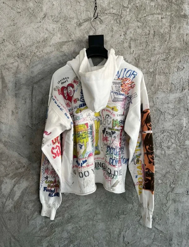 26FW SAINT x Ber B J Co-brand Big Logo Printed Women Men Washed Hooded Sweatshirt Hoodies Vintage Distressed Men Casual Hoodie