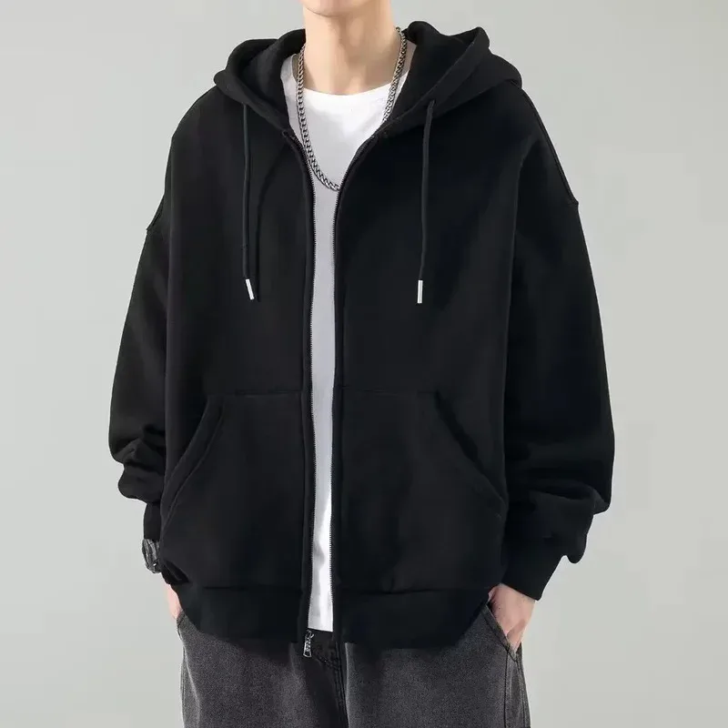 Male Clothes Black Solid Sweatshirt For Men Full Zip Up Hooded Hoodies Winter Young On Sale Offers High Quality Korean Style S