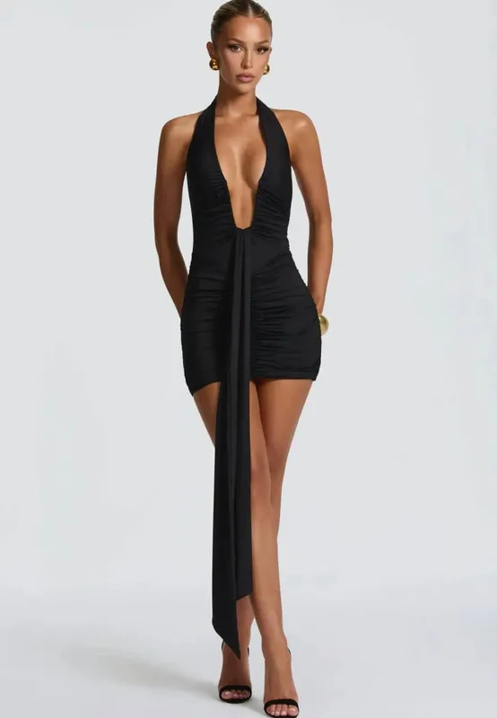 Giyu Sexy Evening Club Party Dresses Women 2025 Summer Ruched Bodycon Dress Deep V Neck Halter Draped Backless Elegant Robe — image 12