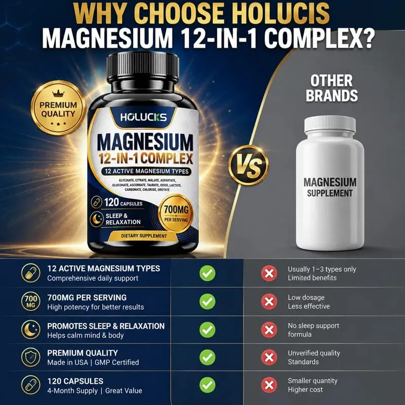 Magnesium 12-IN-1 Complex Capsules - Bone & Heart Health Supplement Sleep Support Muscle Relaxation Stress & Anxiety Relief