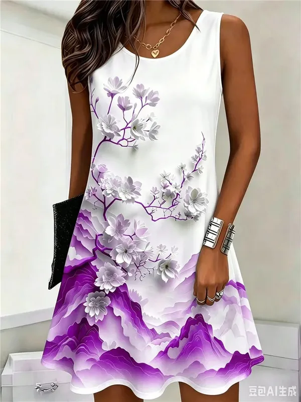 Flower Pattern Women Mini Dresses Summer Sleeveless 3D Floral Printed Street Style Ladies Dress 3XL Plus Size Loose Casual Dress