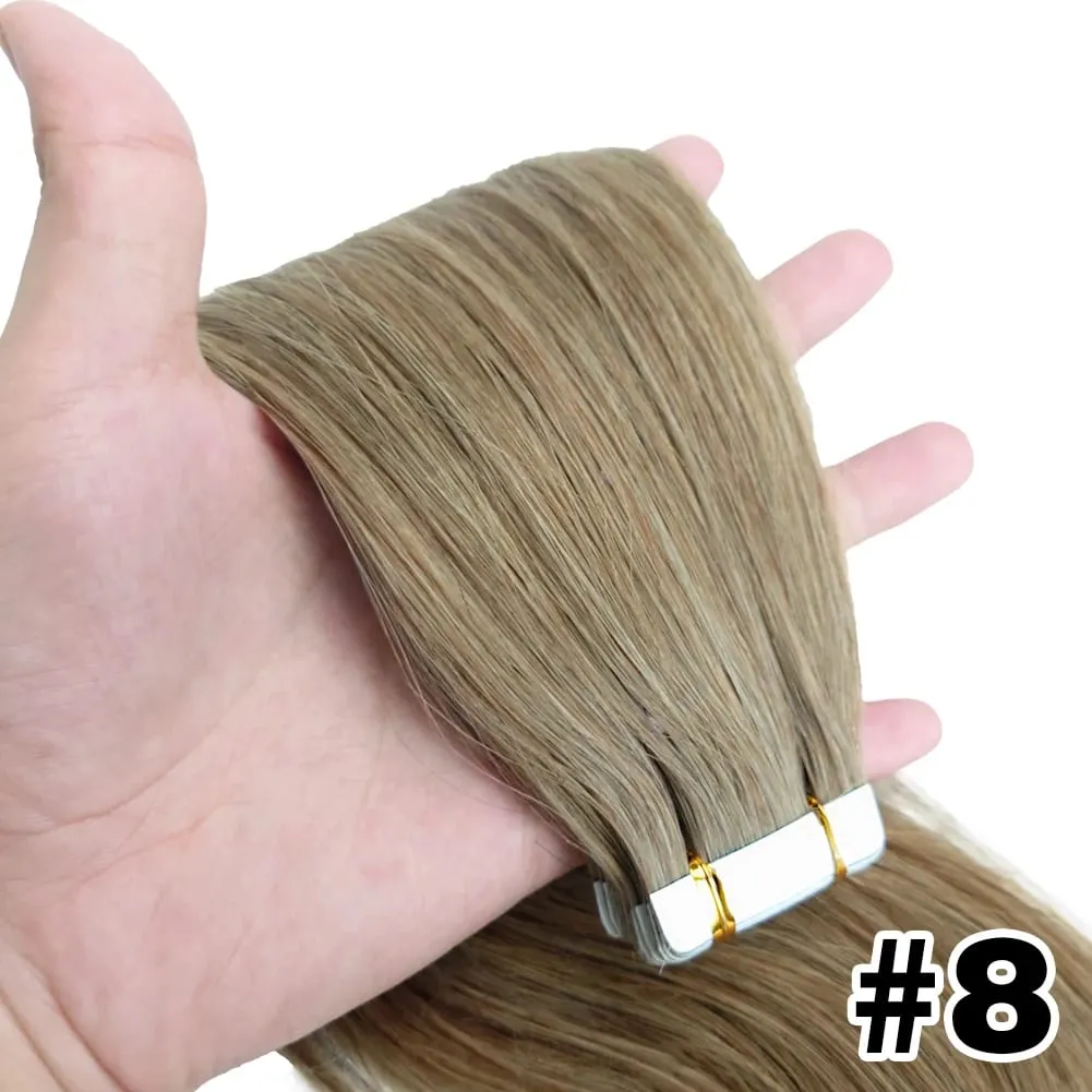 Tape In Hair Extensions Human Hair Natural Color Silk Soft Straight Seamless Invisible Tape In Extensions Color #2 for Women 50G