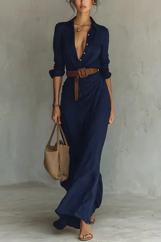 Women's Fashion Solid Holiday Party Dress Elegant Lapel Button Draped Long Dress Casual Long Sleeve Match With Belt Shirt Dress — image 7