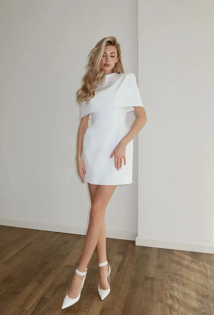Solid Elegant Shawl Mini Dress Women Fashion Round Neck Waist Cinching Slim Short Dresses Lady Daily Evening Dinner Vestidos
