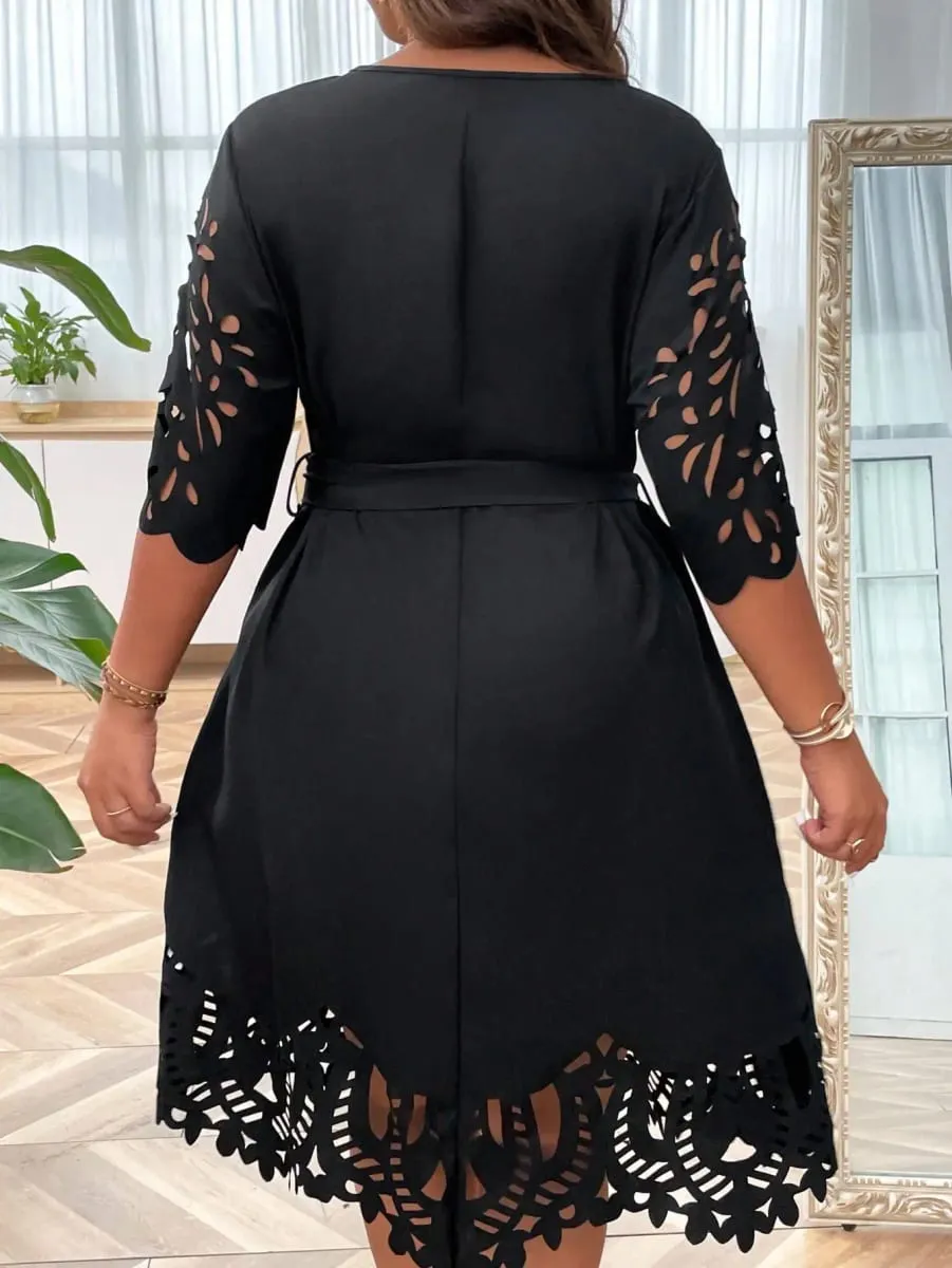 Women's Plus Size Black Cutout Lace Dress V Neck Tie Waist A-Line Mini Dress Elegant Party Casual Dress For Curvy Ladies