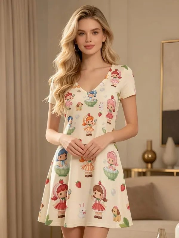 Floral Print Womens V Neck Short Sleeve A Line Dress Relaxed Summer Everyday Dress for Everyday Wear Holidays Travel and Parties
