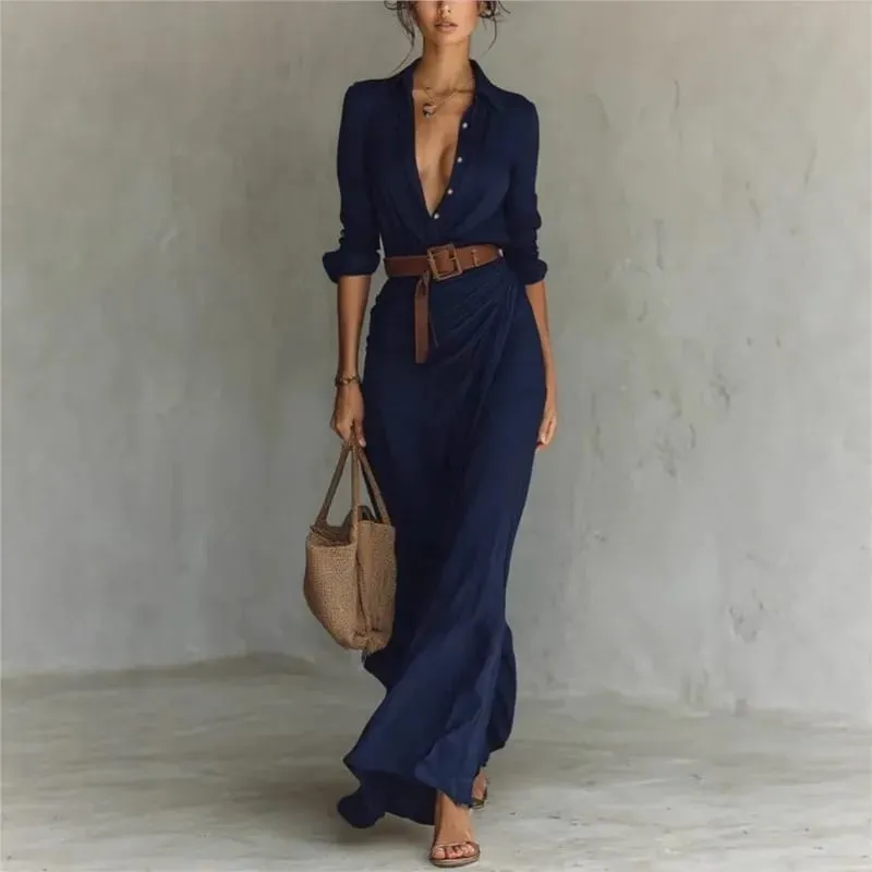 Women's Fashion Solid Holiday Party Dress Elegant Lapel Button Draped Long Dress Casual Long Sleeve Match With Belt Shirt Dress — image 5
